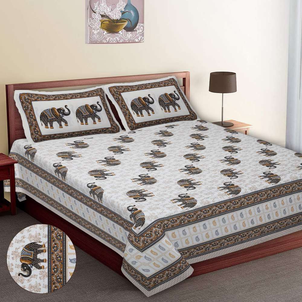 Elephant Print Jaipur Hand Block King Size Gray Bedsheet