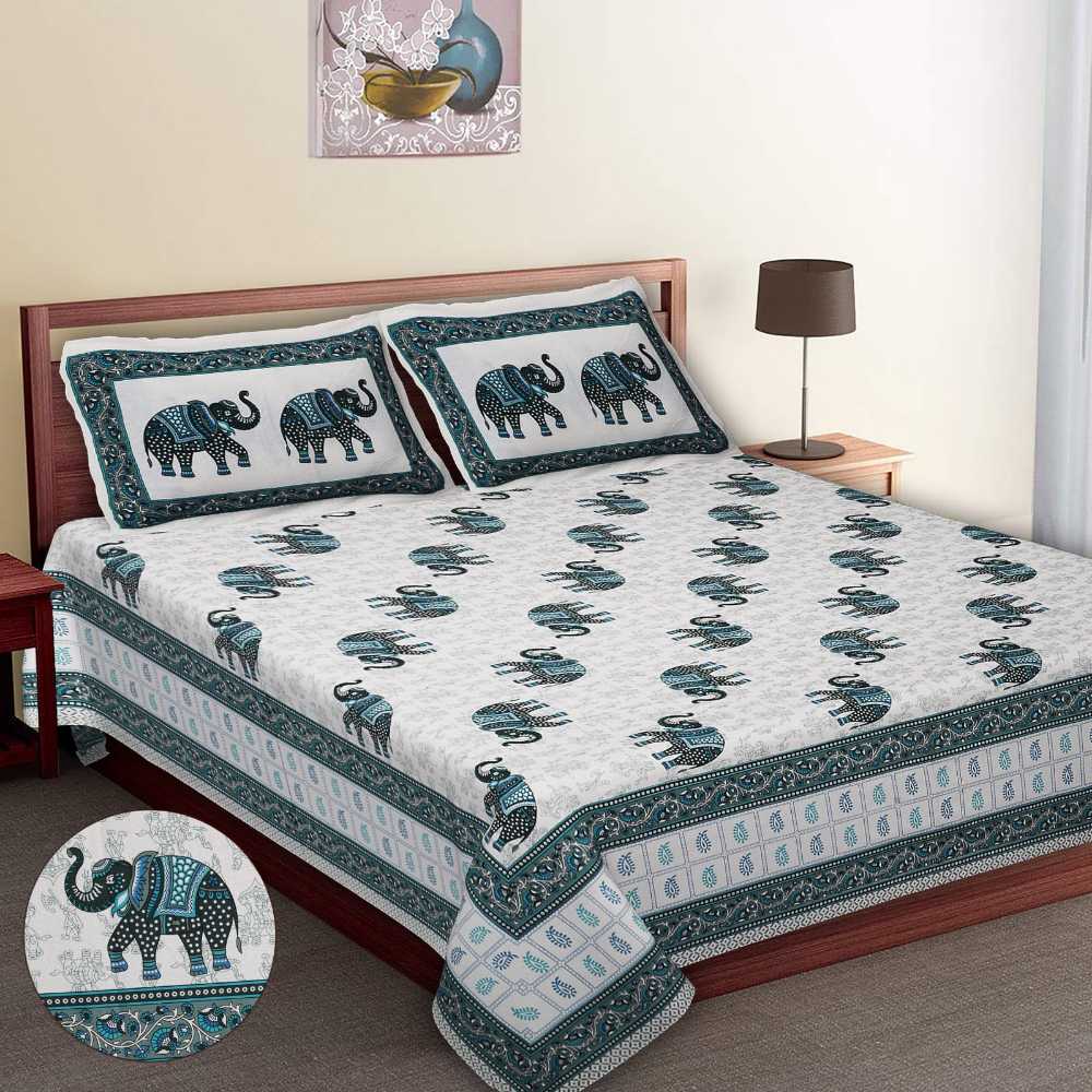 Elephant Print Jaipur Hand Block King Size Dark Slate Gray Bedsheet