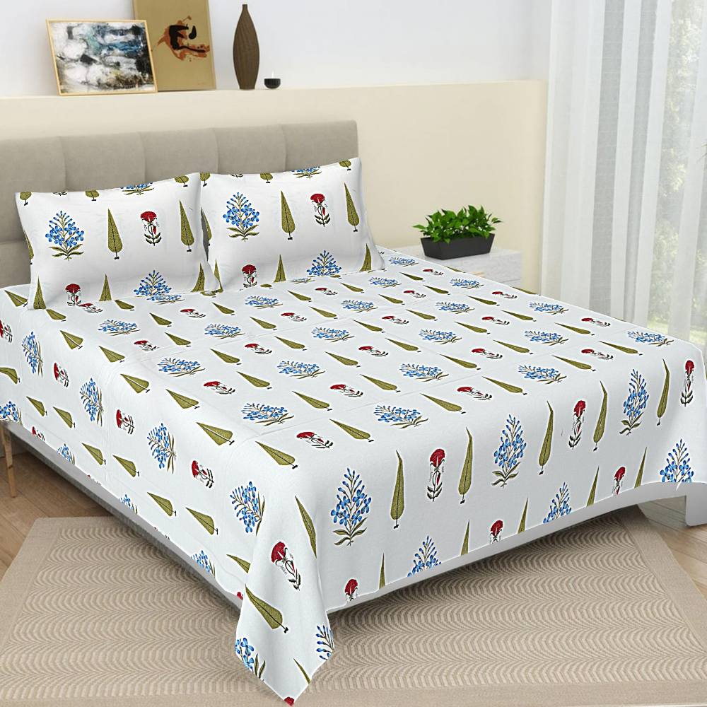 Floral Print J Hand Block Jaipur King Size White Base Bedsheet