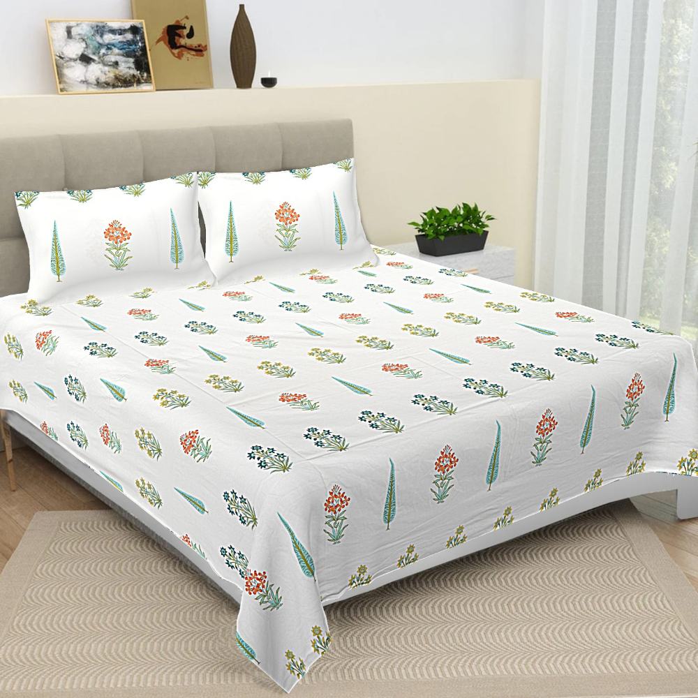 Floral Print Jaipur Hand Block King Size White Base Bedsheet