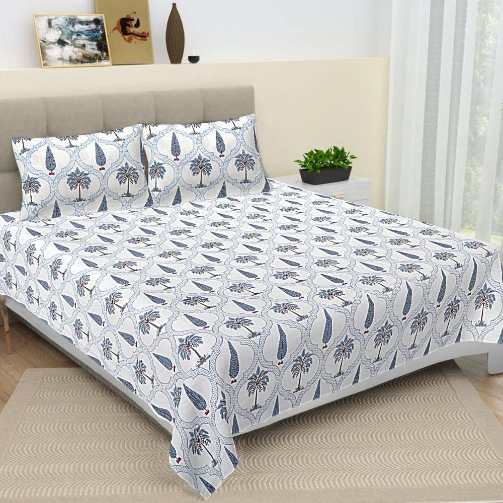 Floral Print Jaipur Hand Block White Slate Gray King Size Bedsheet