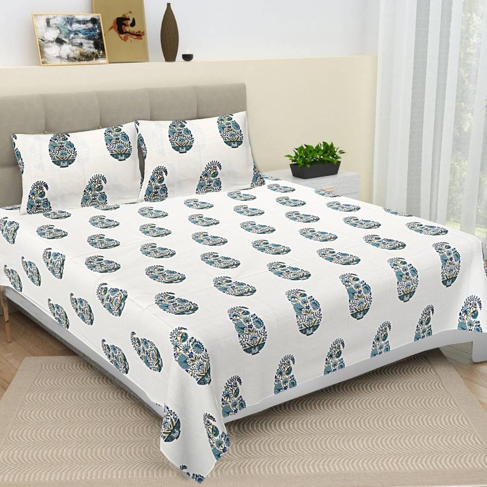 Floral Print Jaipur Hand Block Green White Bedsheet King Size