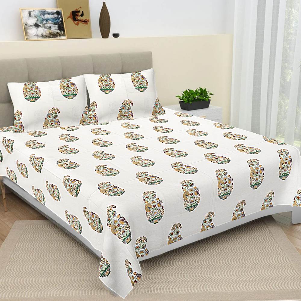 Floral Print Jaipur Hand Block Mehendi Green White King Size Bedsheet