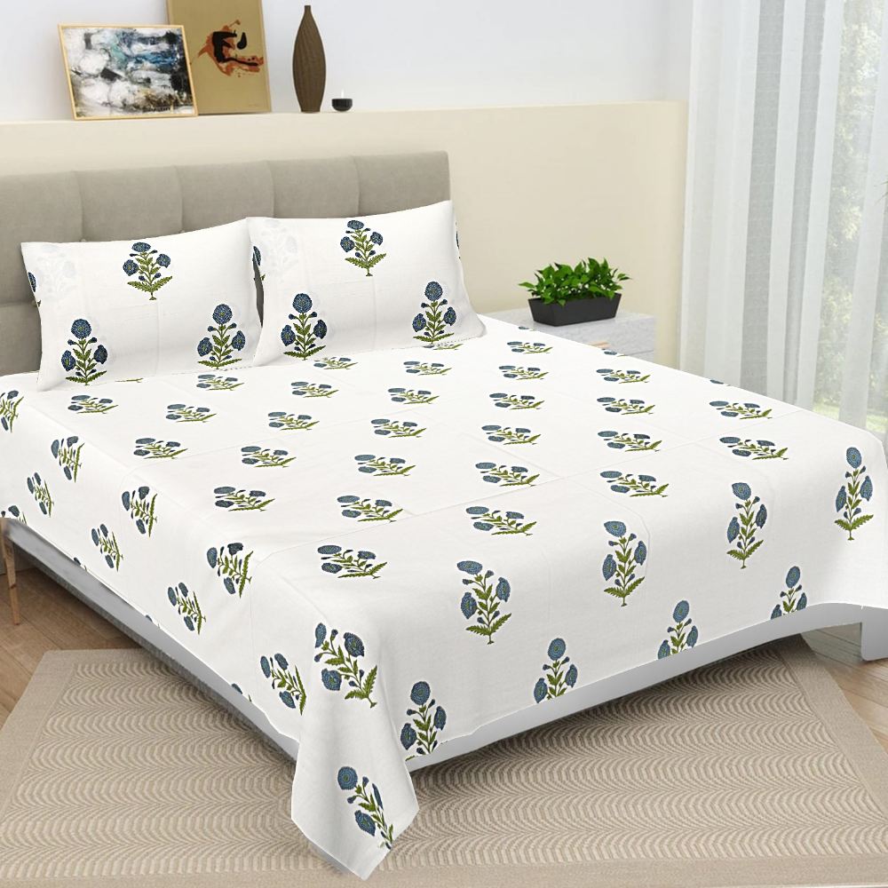 Floral Print Jaipur Hand Block White Battleship Gray King Size