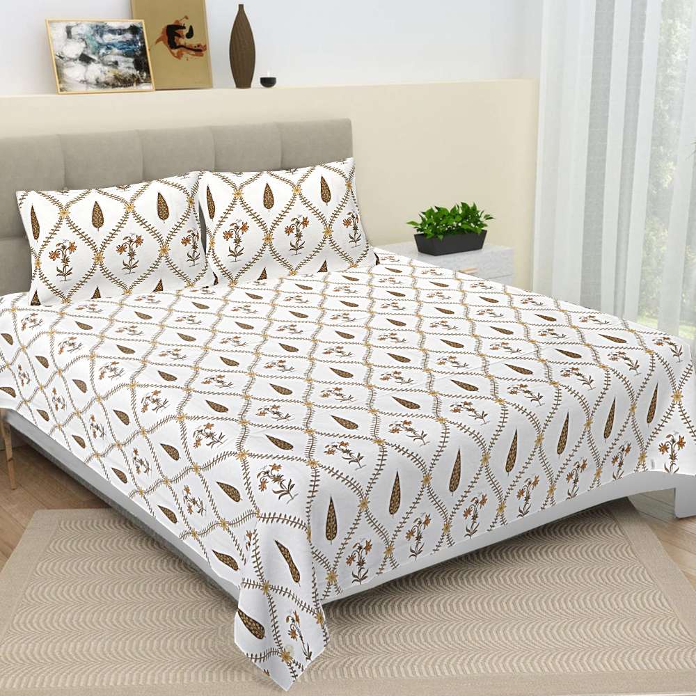 Floral Print Jaipur Hand Block White Mehendi King Size