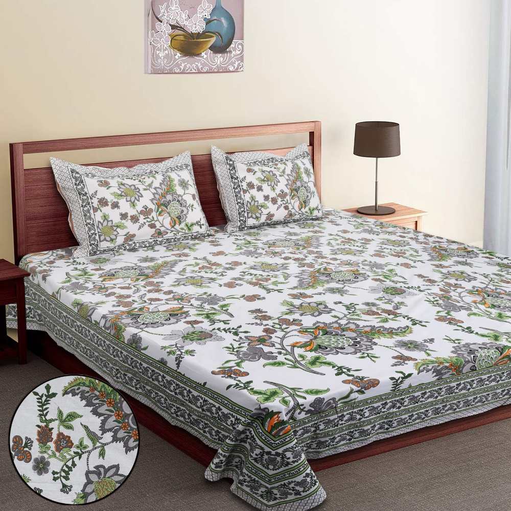 Utsav Floral Jaipur Print Hand Block King Size Bedsheet