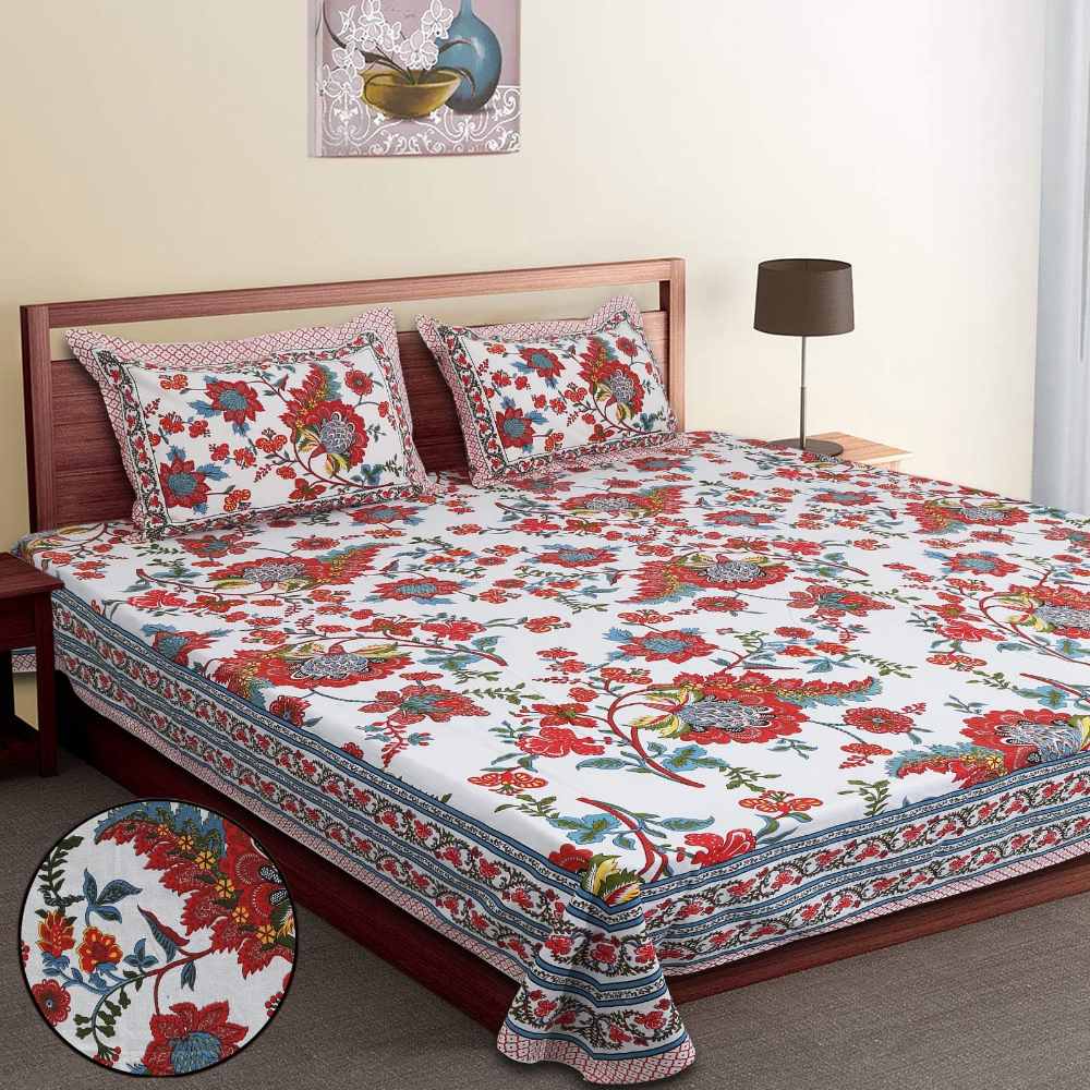 Utsav Jaipur Print Floral Hand Block King Size Bedsheet