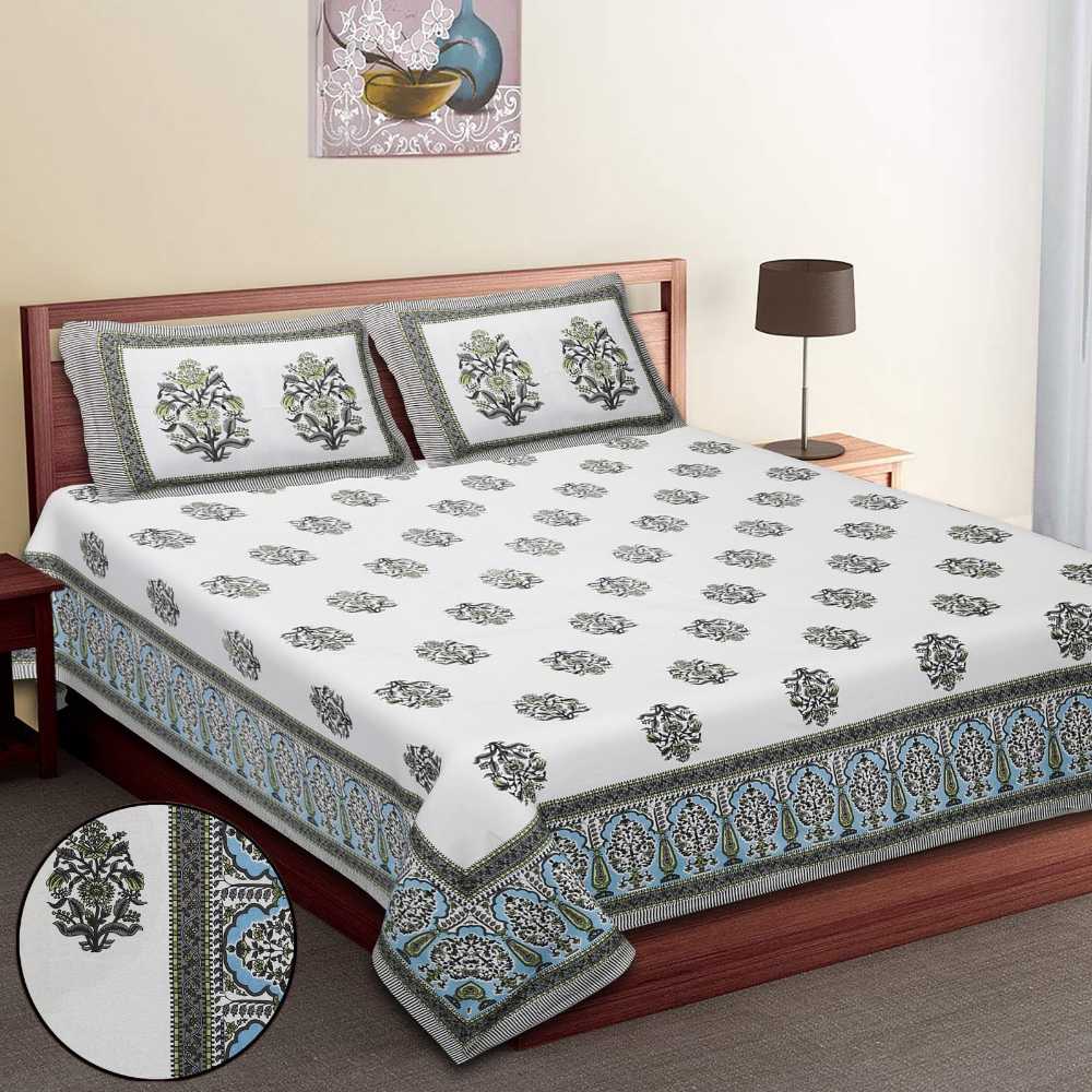 Floral Print Jaipur Hand Block King Size White Mehendi Bedsheet