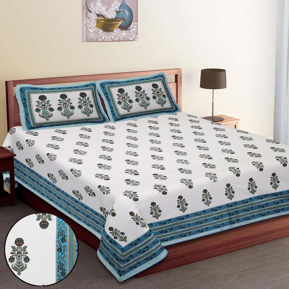 Floral Print Jaipur Hand Block King Size White Blue Mehendi Bedsheet