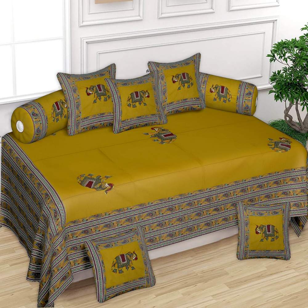 Elephant Patchwork Diwan Set Yellow