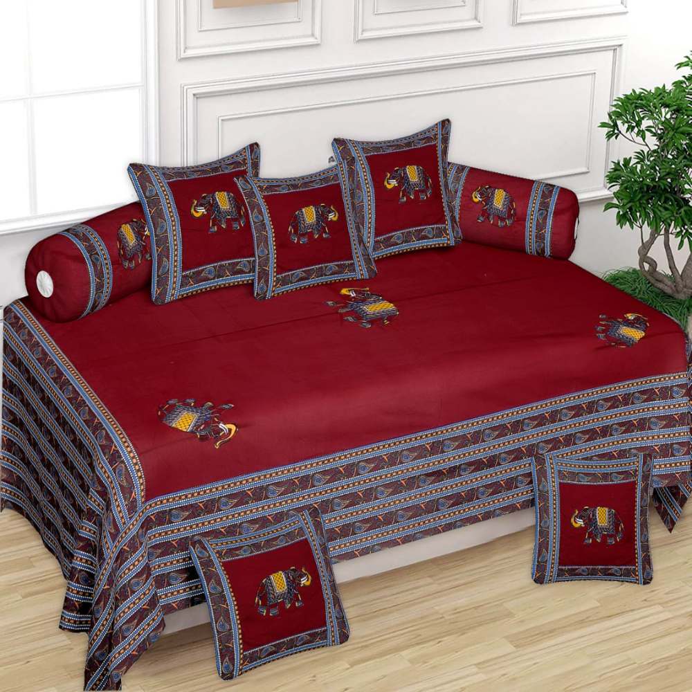 Elephant Patchwork Diwan Set Maroon