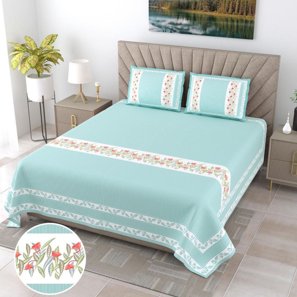 Jaipur Ethnic Print Sea Green King Size Bedsheet