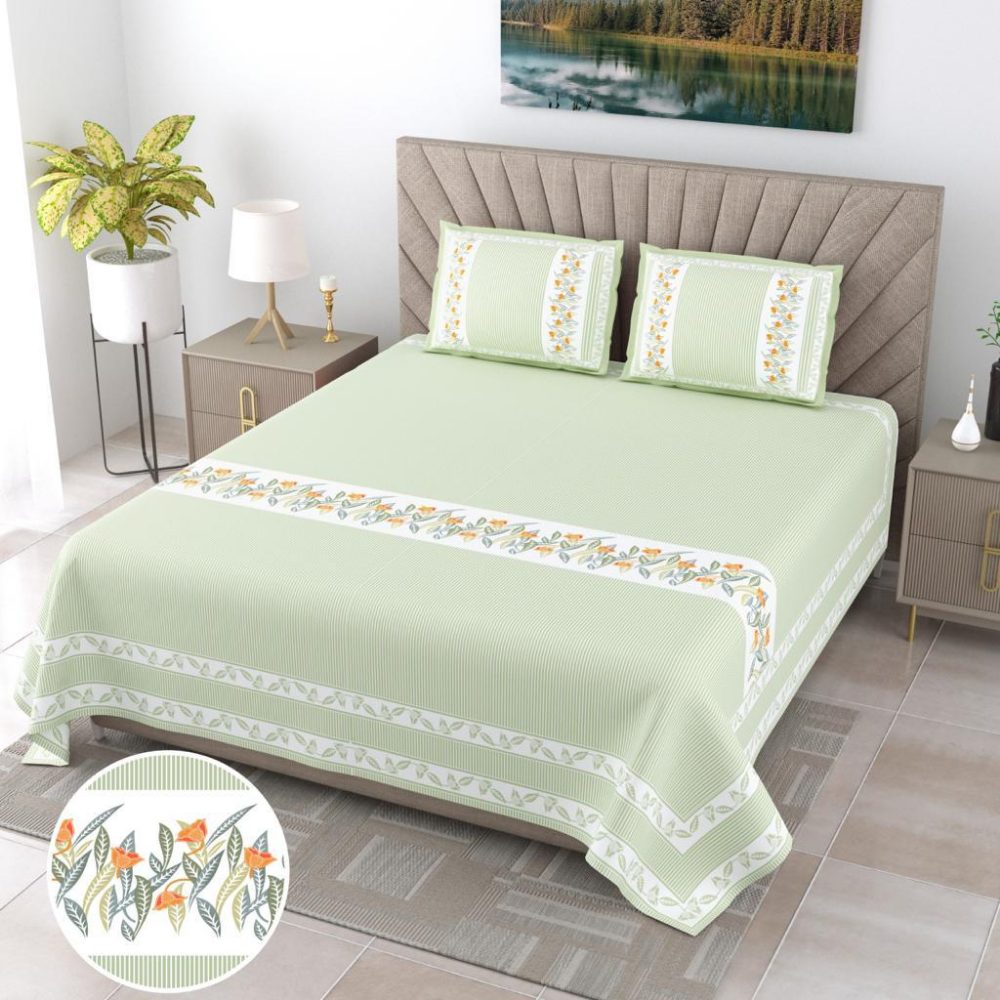 Jaipur Ethnic Print Parrot Green King Size Bedsheet