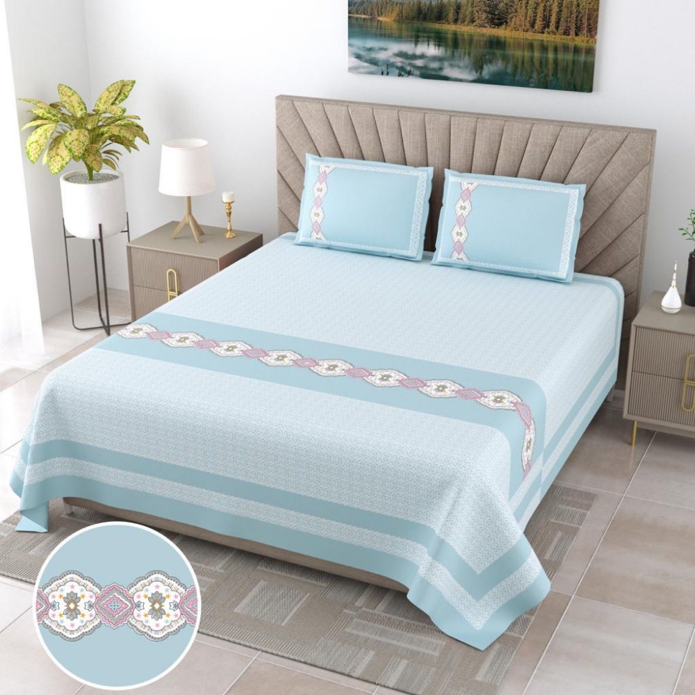Jaipur Ethnic Print King Size Blue Bedsheet