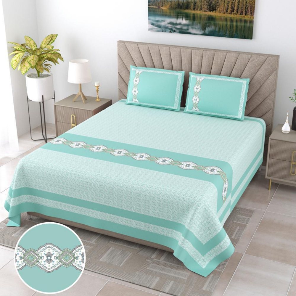 Jaipur Ethnic Print Sea Green King Size Bedsheet