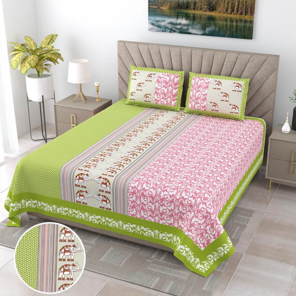Elephant Print Jaipur Multicolour King Size Bedsheet