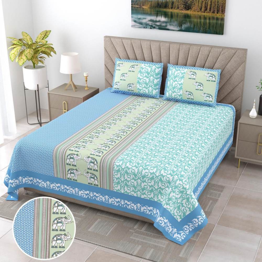Elephant Print Jaipur King Size Multicolour Bedsheet