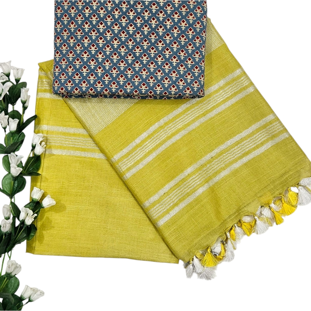 Plain Linen Parrot Green Cotton Saree With Handblock Printed Cotton Blouse