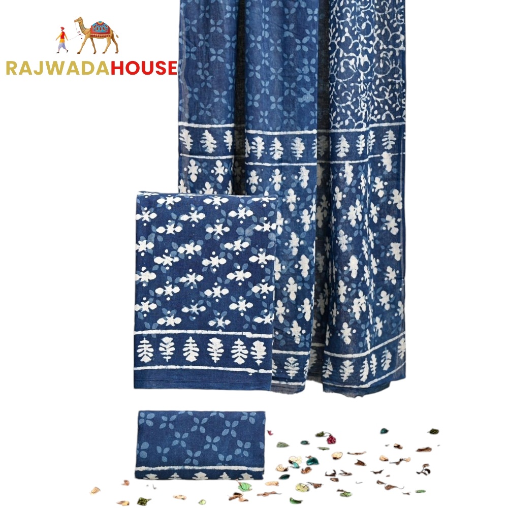  Jaipur Hand Block Royal Blue Cotton Suit With Cotton Dupatta 