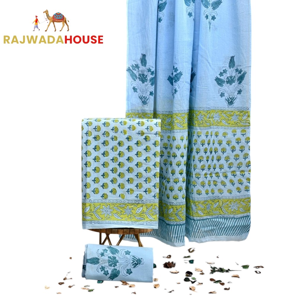  Jaipur Hand Block Indigo Green Cotton Suit With Cotton Dupatta 