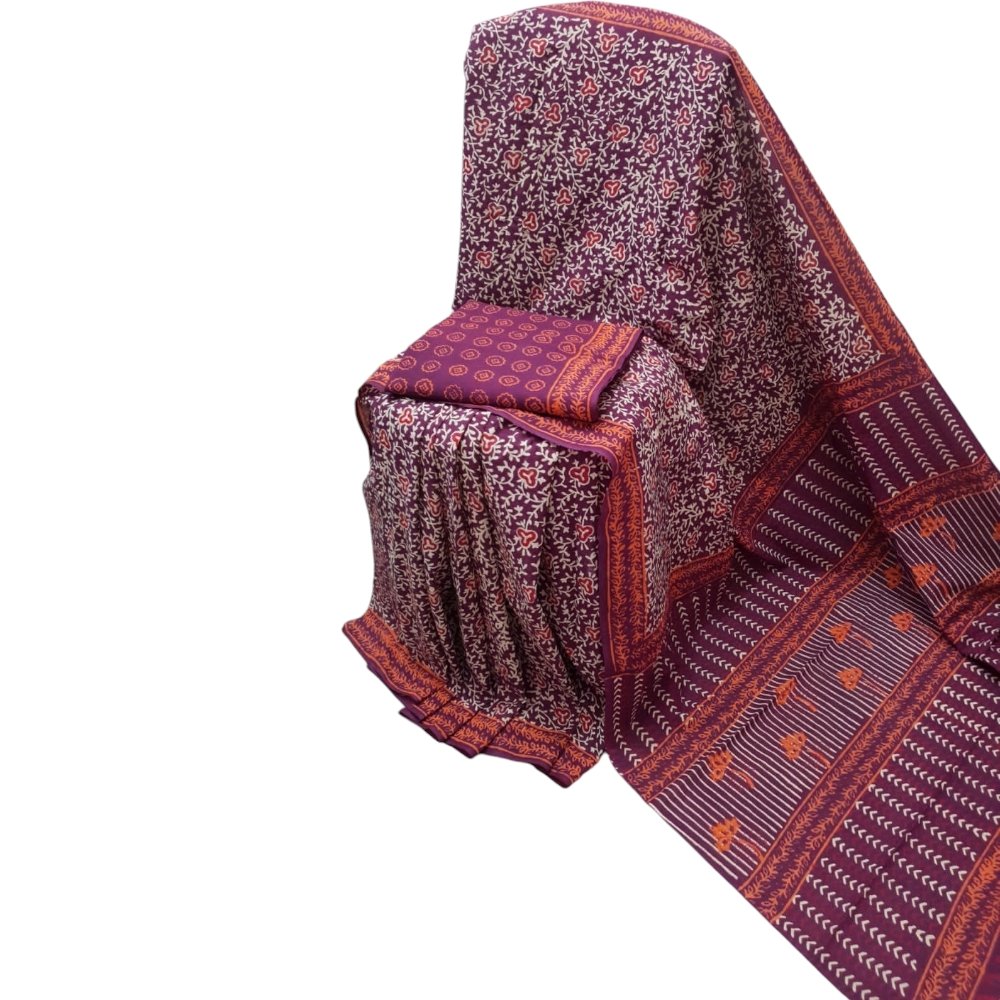 Bagru Handblock Printed Purple Cotton Mulmul Saree With Blouse