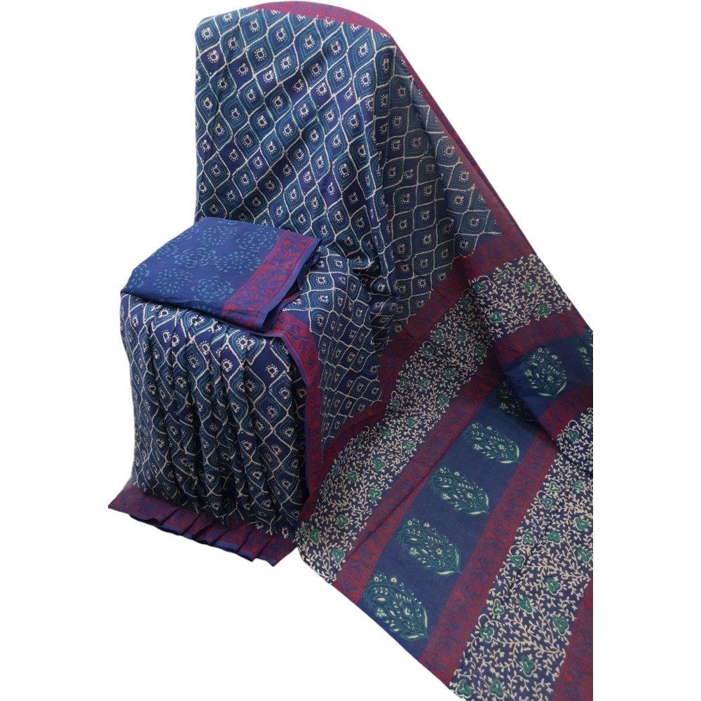 Bagru Handblock Printed Blue Cotton Mulmul Saree With Blouse