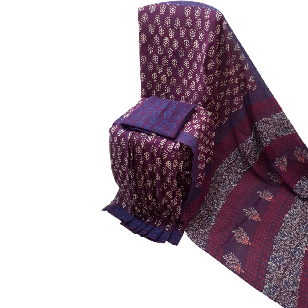 Bagru Handblock Printed Dark Purple Cotton Mulmul Saree With Blouse