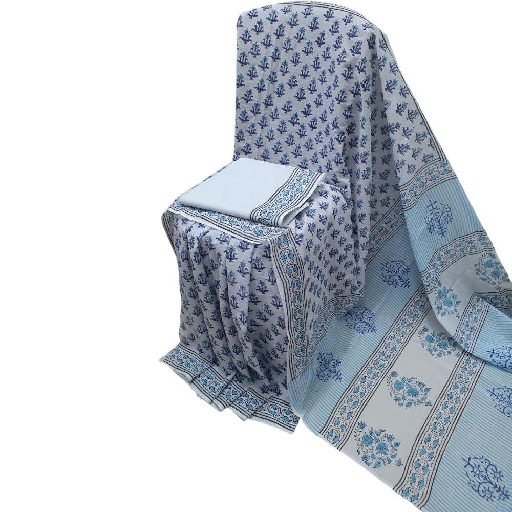 Bagru Handblock Printed White Blue Cotton Mulmul Saree With Blouse