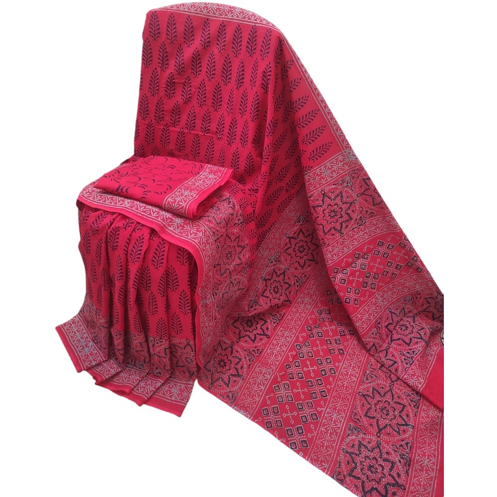 Bagru Handblock Printed Red Cotton Mulmul Saree With Blouse