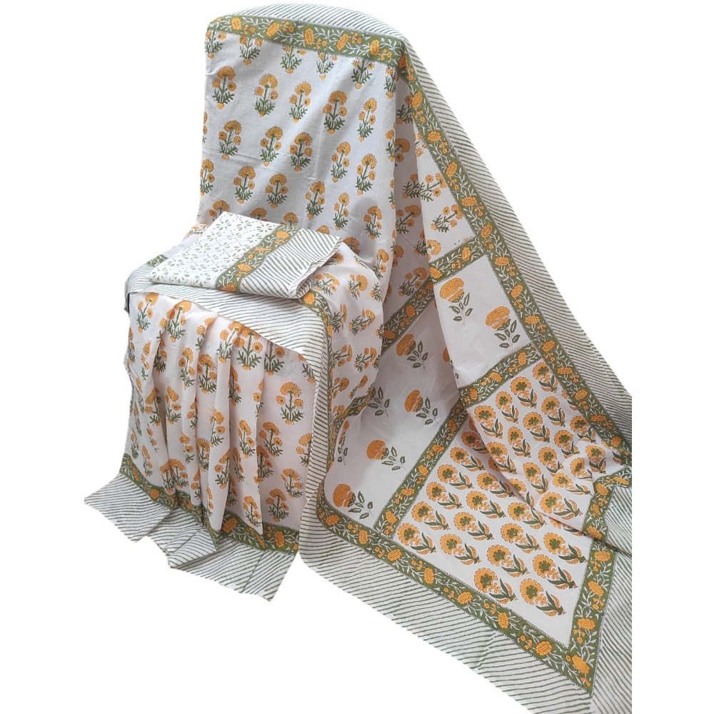 Bagru Handblock Printed White Yellow Cotton Mulmul Saree With Blouse
