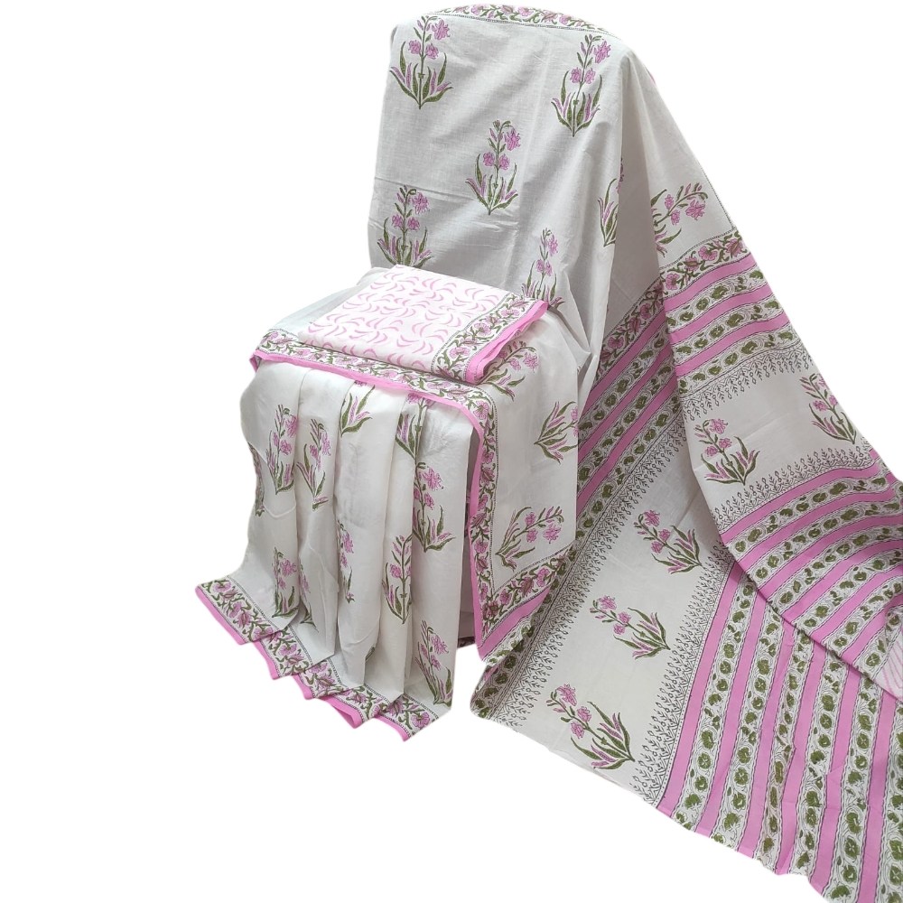 Bagru Handblock Printed White Pink Cotton Mulmul Saree With Blouse