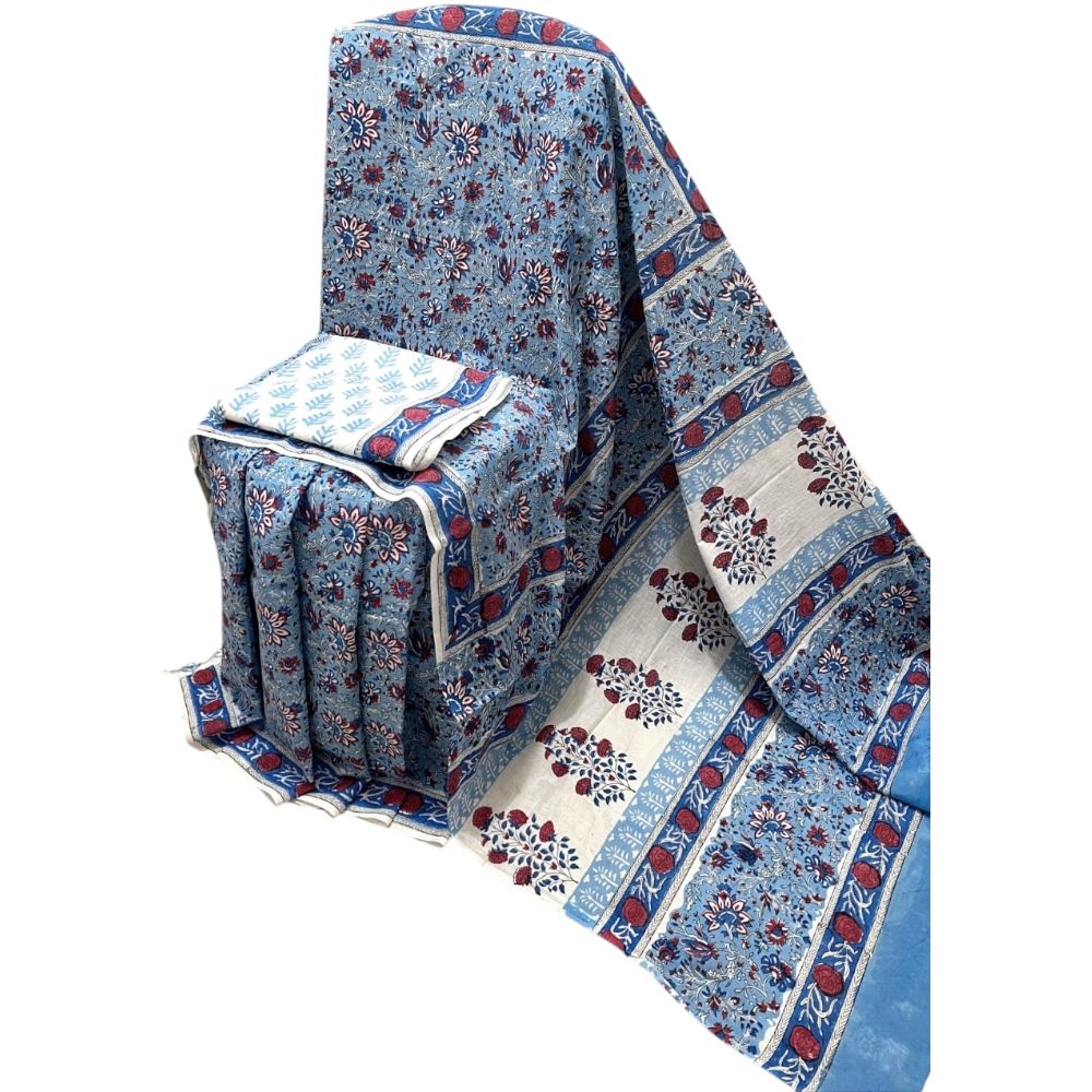 Bagru Handblock Printed Sky Blue Cotton Mulmul Saree With Blouse