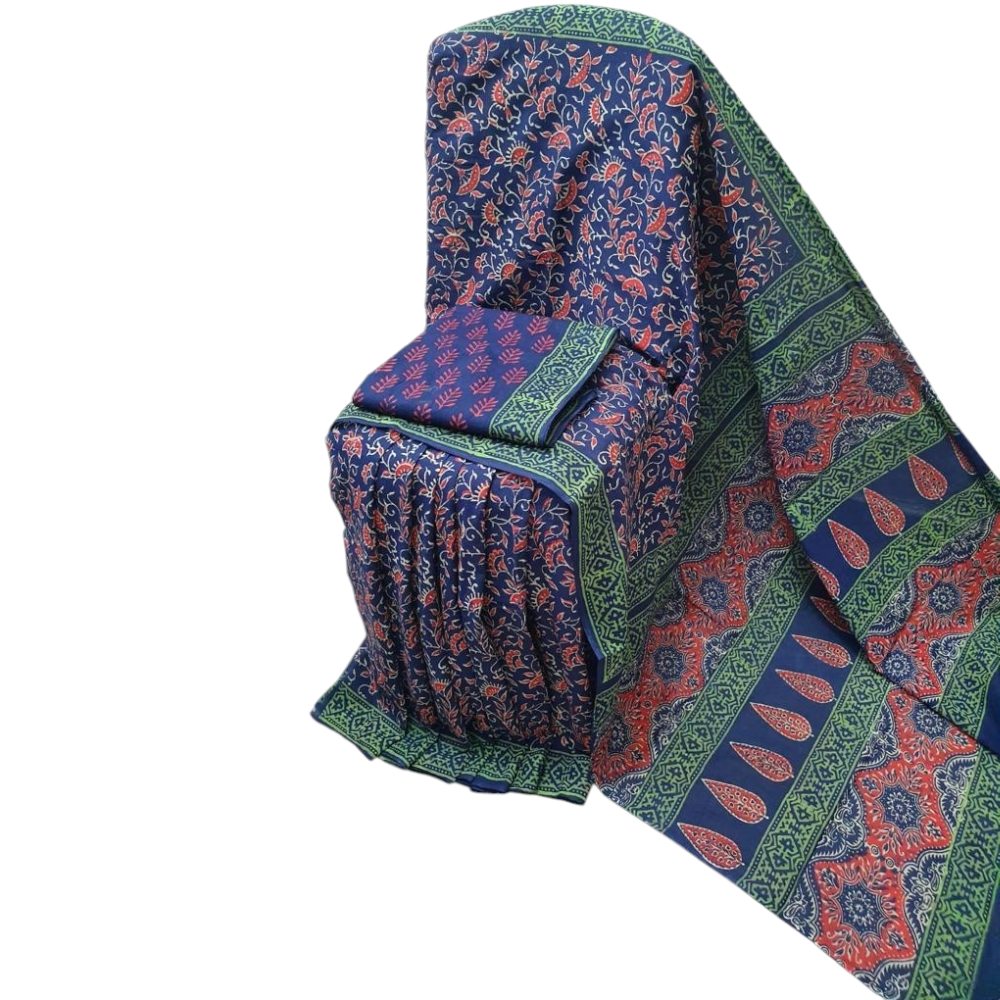 Bagru Handblock Printed Blue Red Cotton Mulmul Saree With Blouse