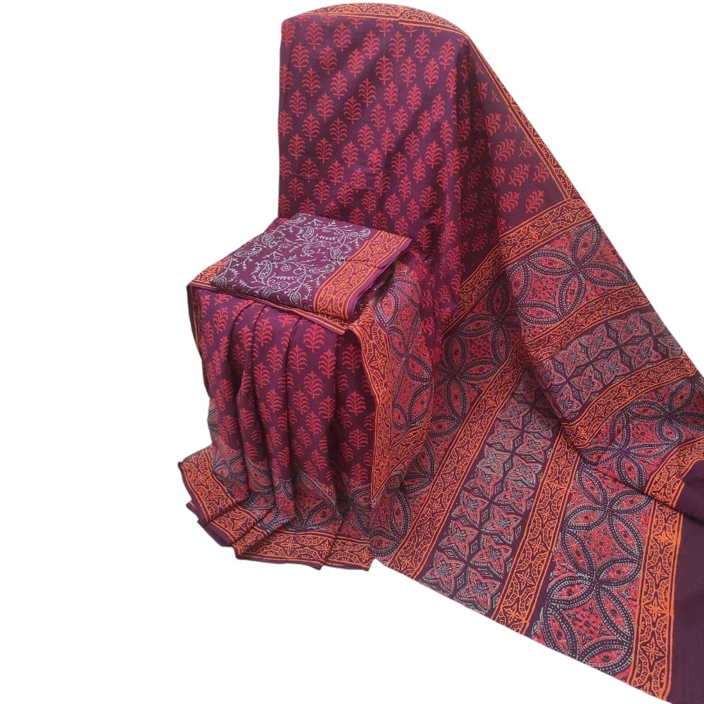 Bagru Handblock Printed Pink Purple Cotton Mulmul Saree With Blouse