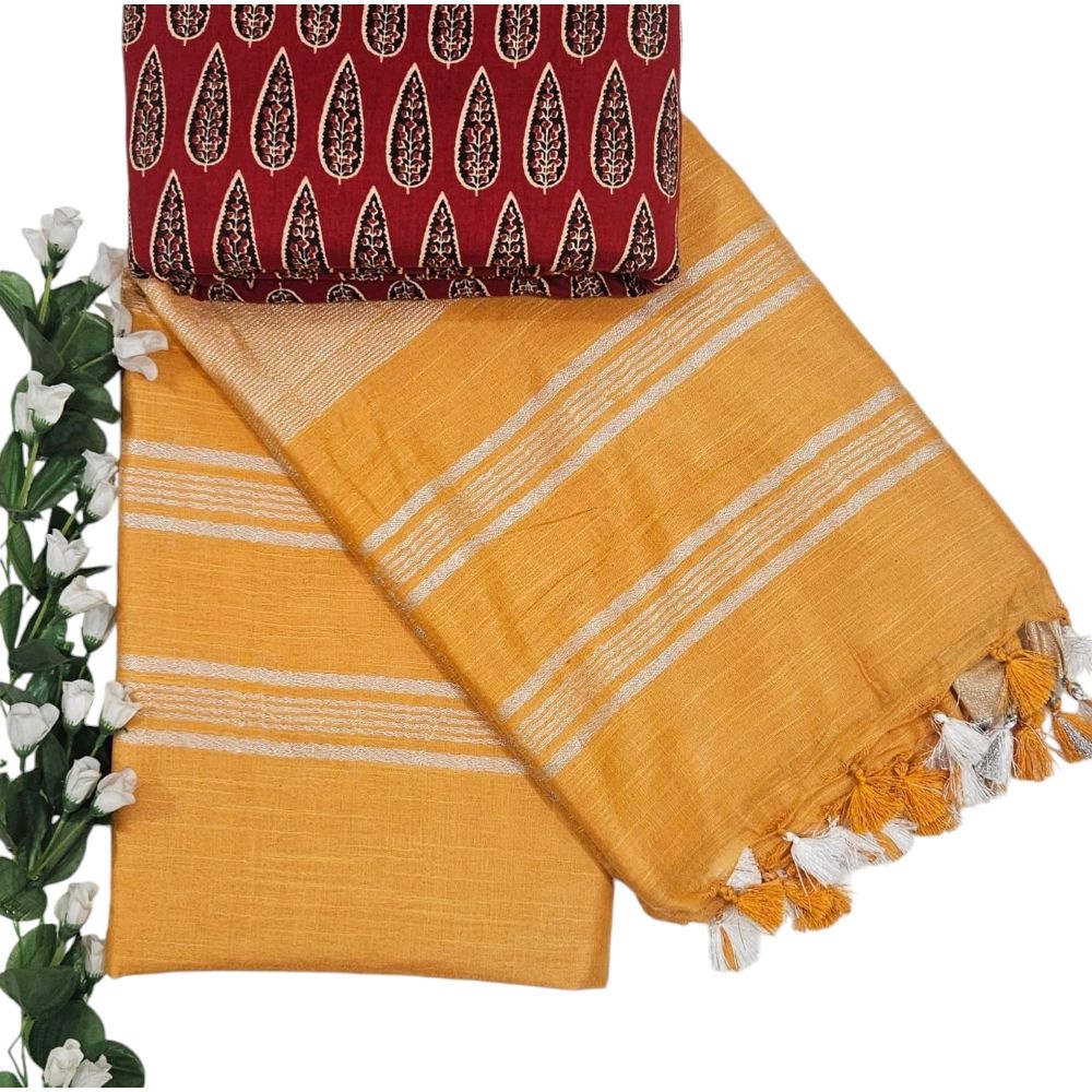 Plain Linen Mustard Yellow Cotton Saree With Handblock Printed Cotton Blouse