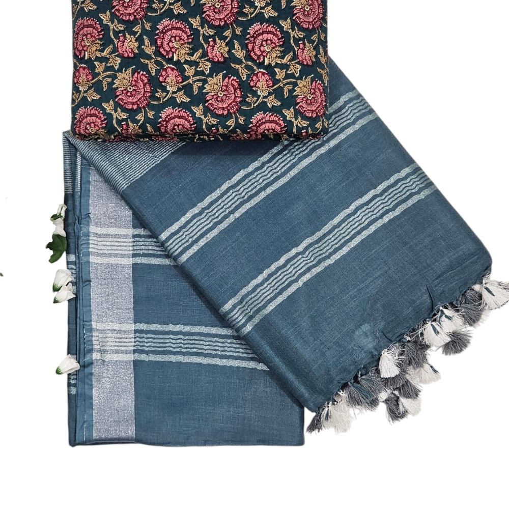 Plain Linen Dark Gray Cotton Saree With Handblock Printed Cotton Blouse