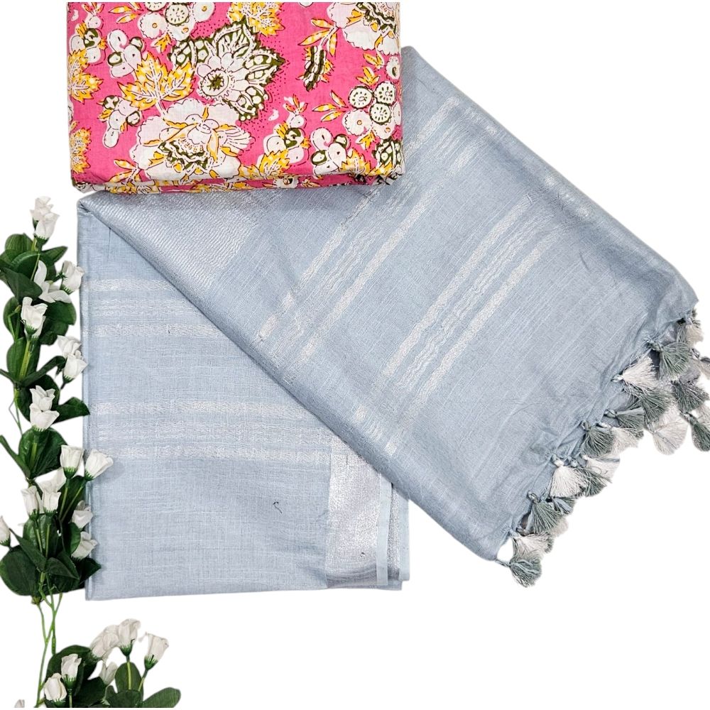 Plain Linen Light Gray Cotton Saree With Handblock Printed Cotton Blouse