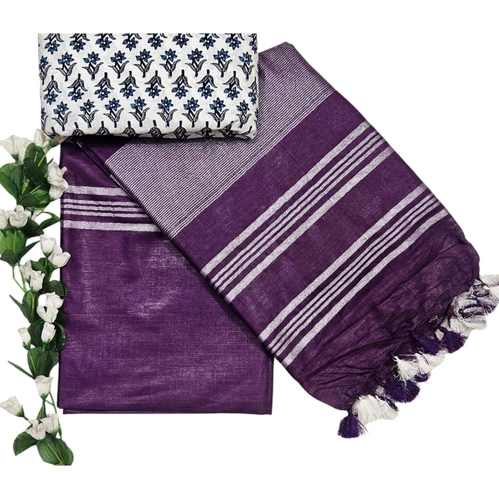 Plain Linen Purple Cotton Saree With Handblock Printed Cotton Blouse