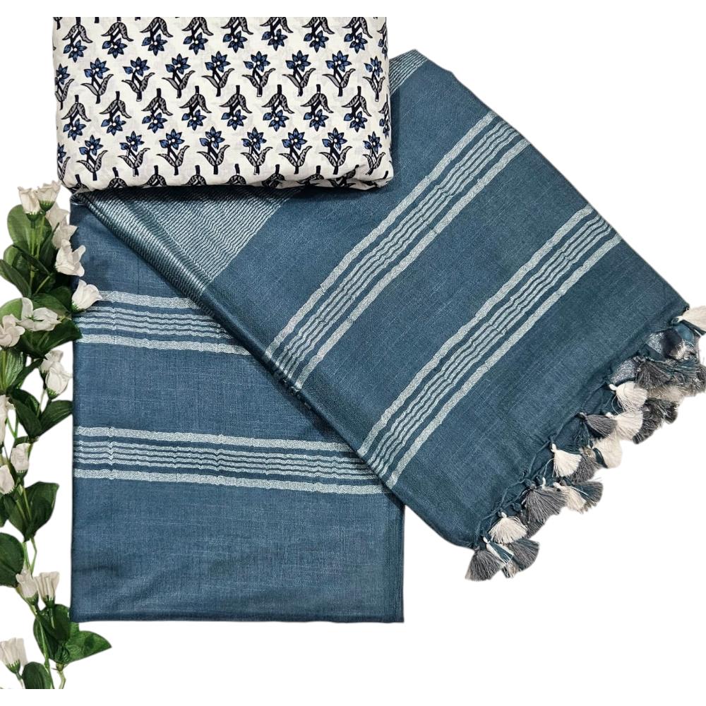 Plain Linen Dark Gray White Cotton Saree With Handblock Printed Cotton Blouse