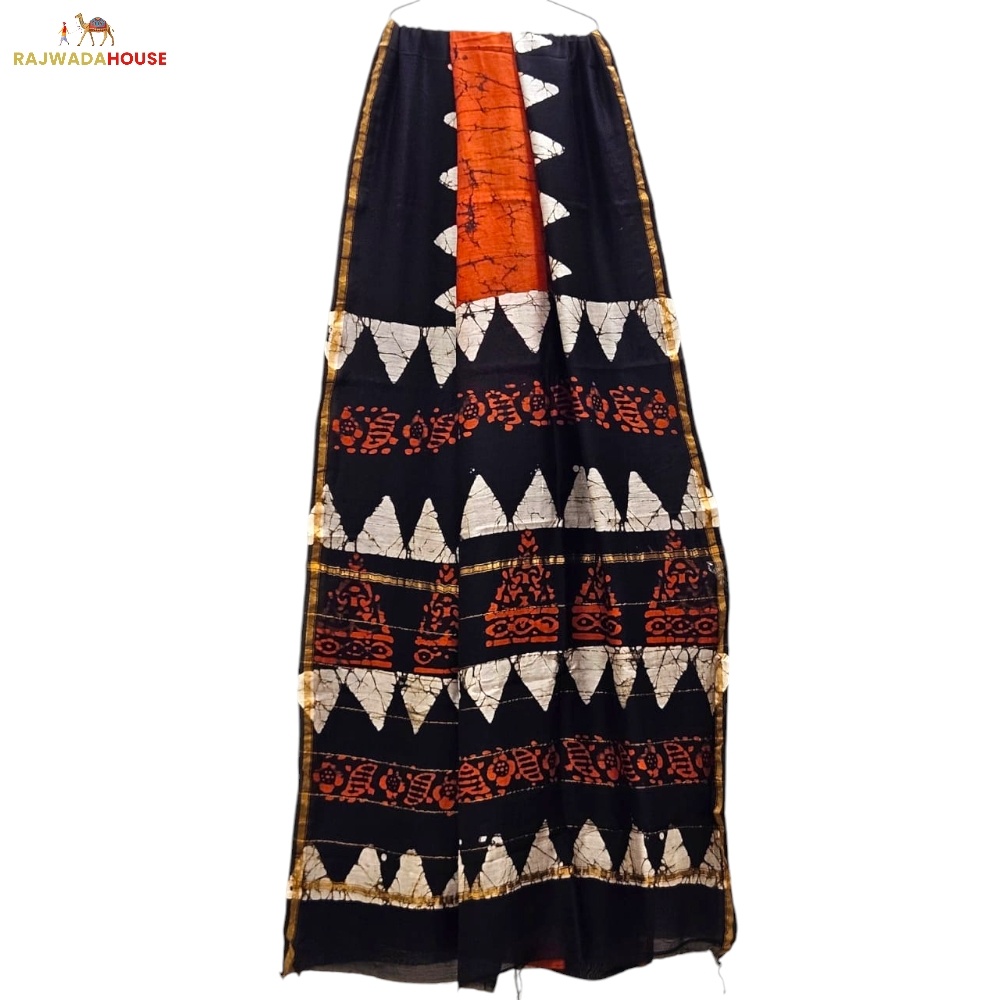 Handblock Printed Black Orange Chanderi Silk Saree With Blouse