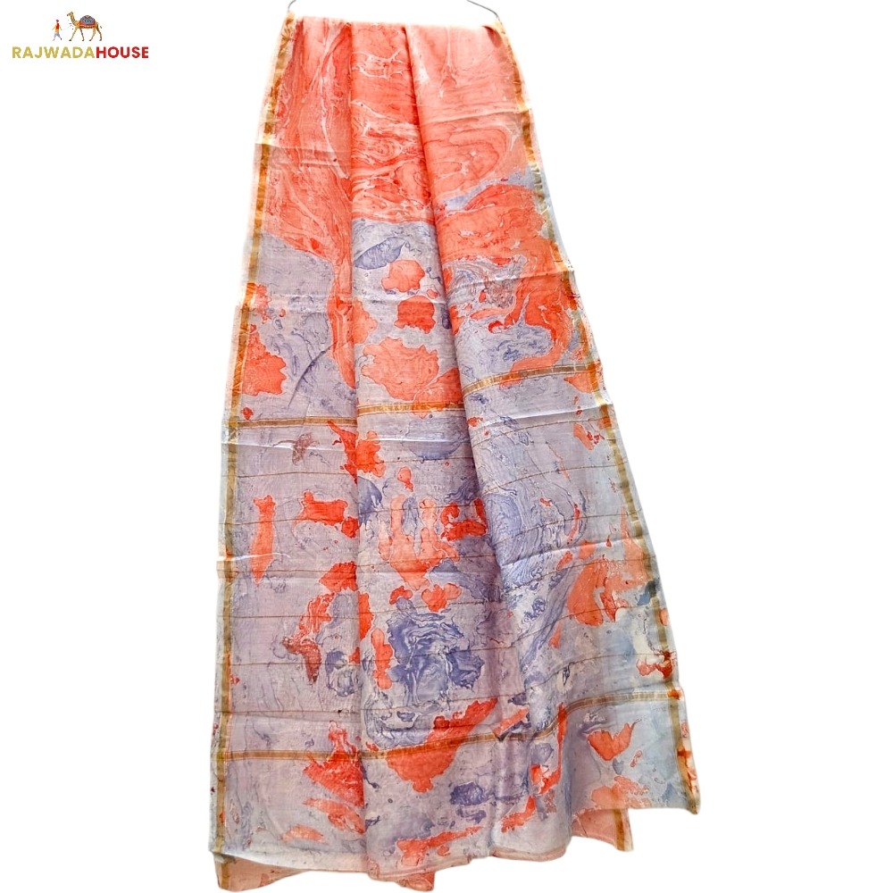 Handblock Printed Orange Tie Dye Chanderi Silk Saree With Blouse