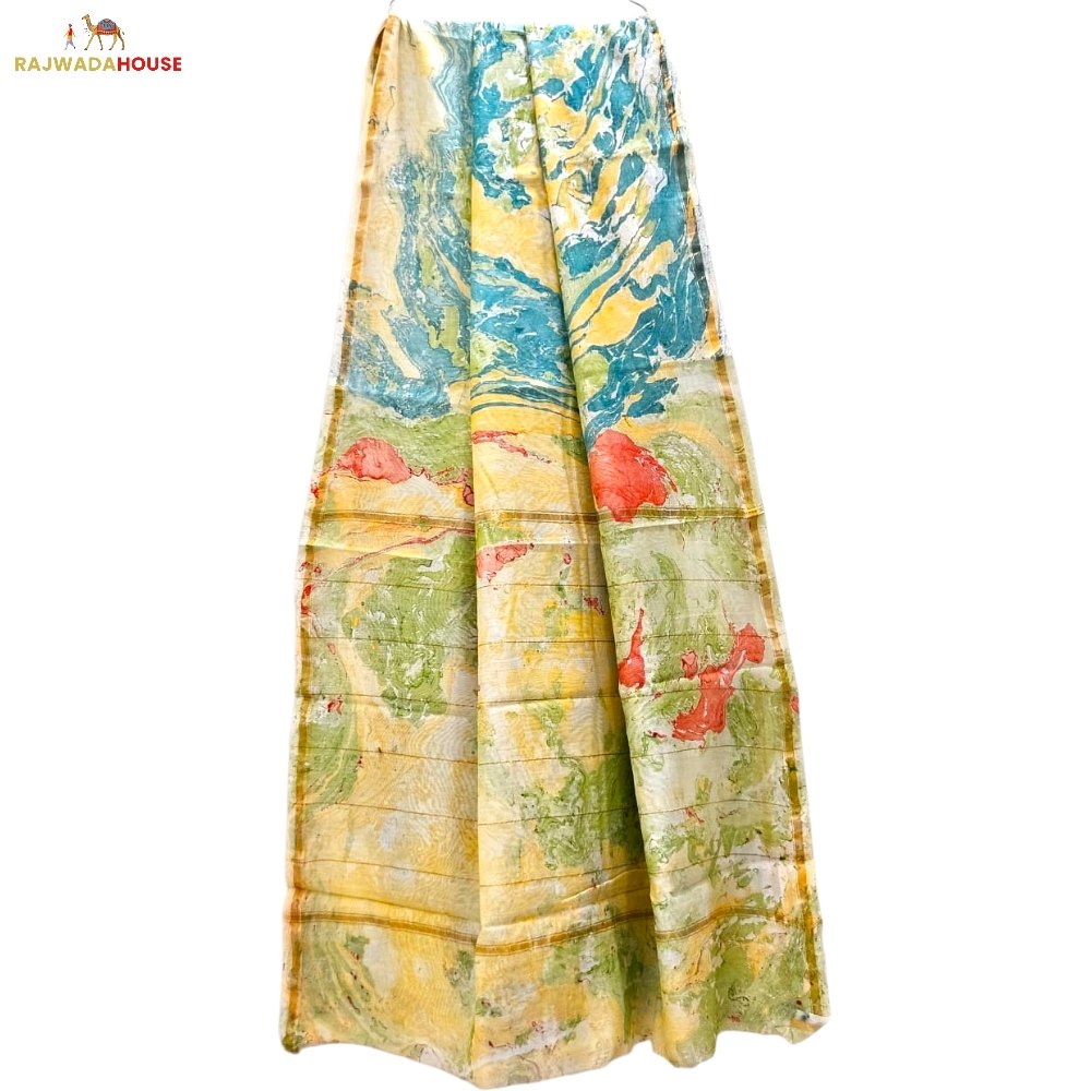 Handblock Printed Multicolour Tie Dye Chanderi Silk Saree With Blouse