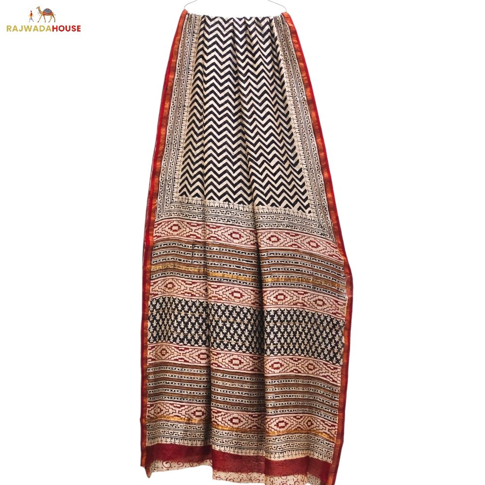 Handblock Printed Cream Black Chanderi Silk Saree With Blouse