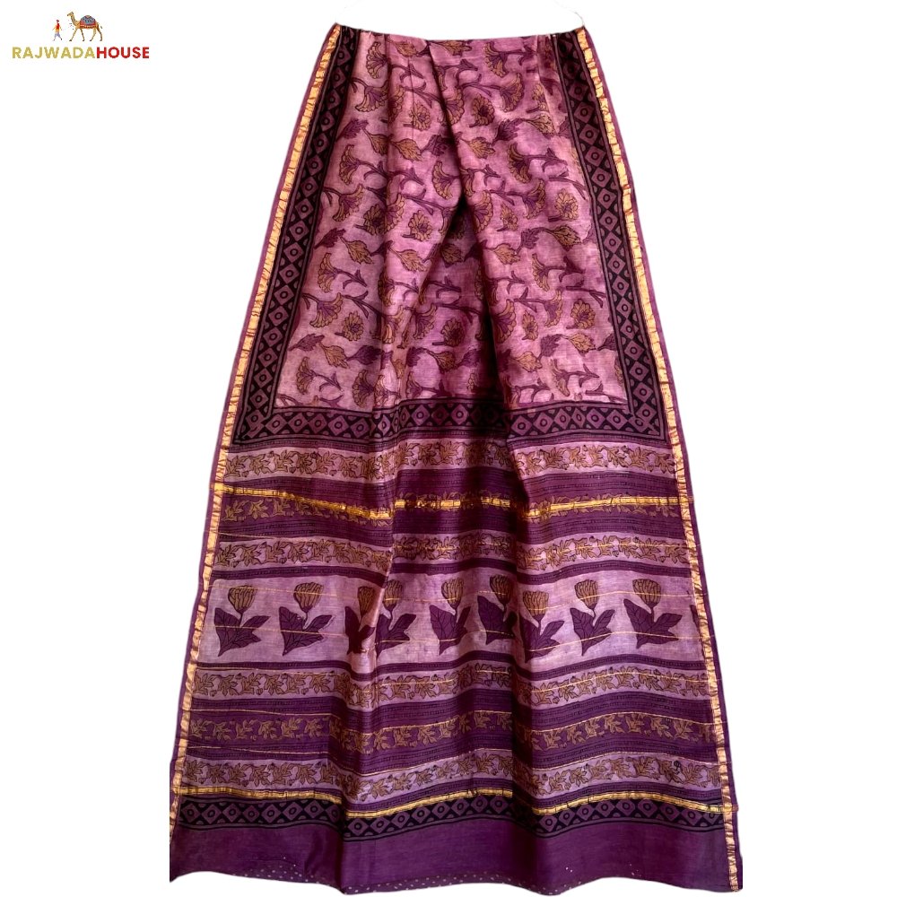 Handblock Printed Purple Chanderi Silk Saree With Blouse