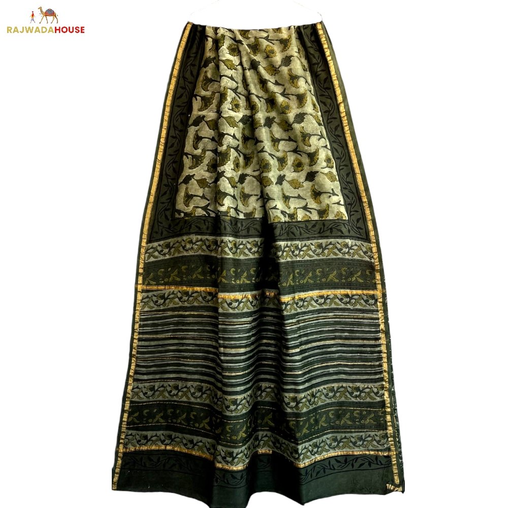 Handblock Printed Dark Green Chanderi Silk Saree With Blouse