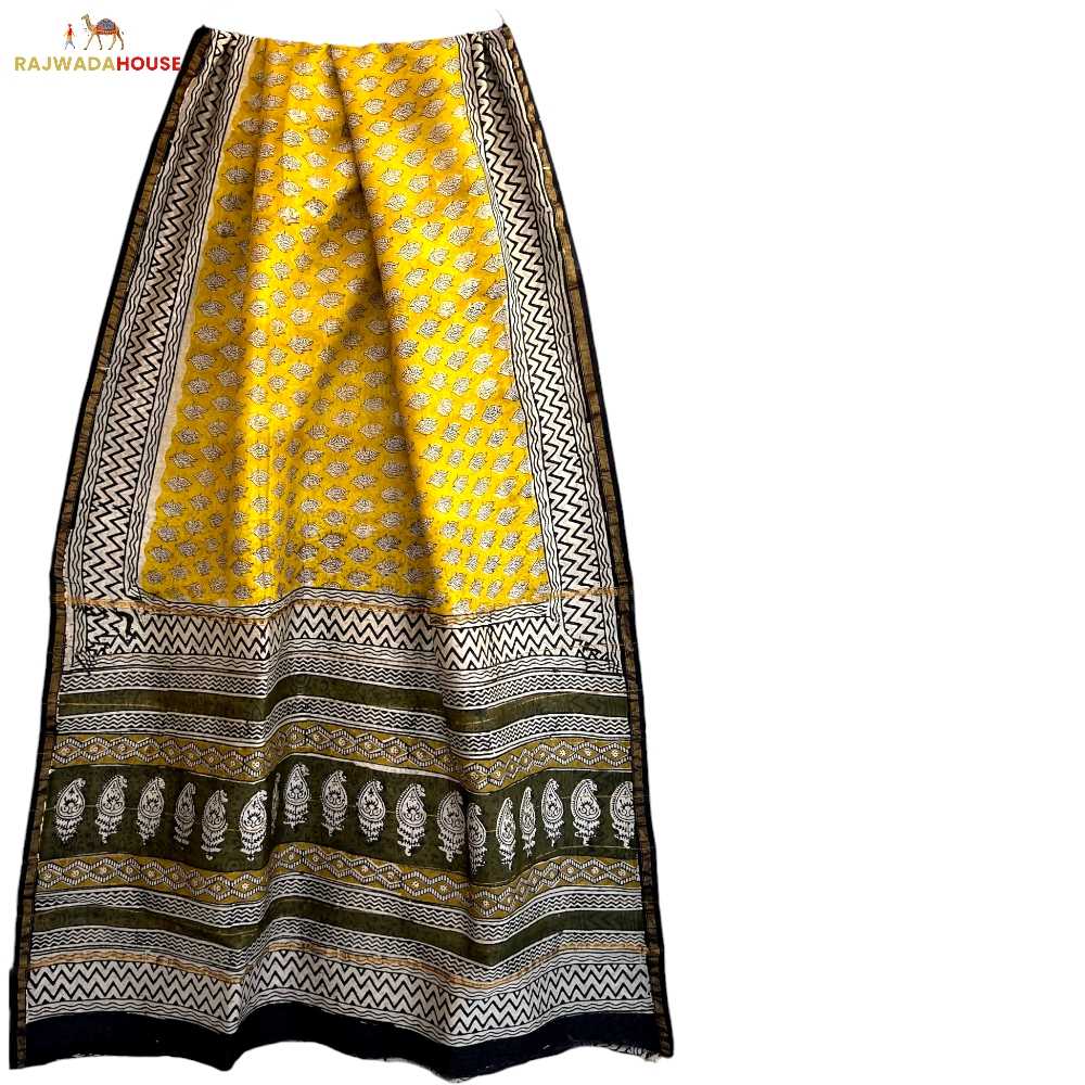 Handblock Printed Yellow Black Chanderi Silk Saree With Blouse