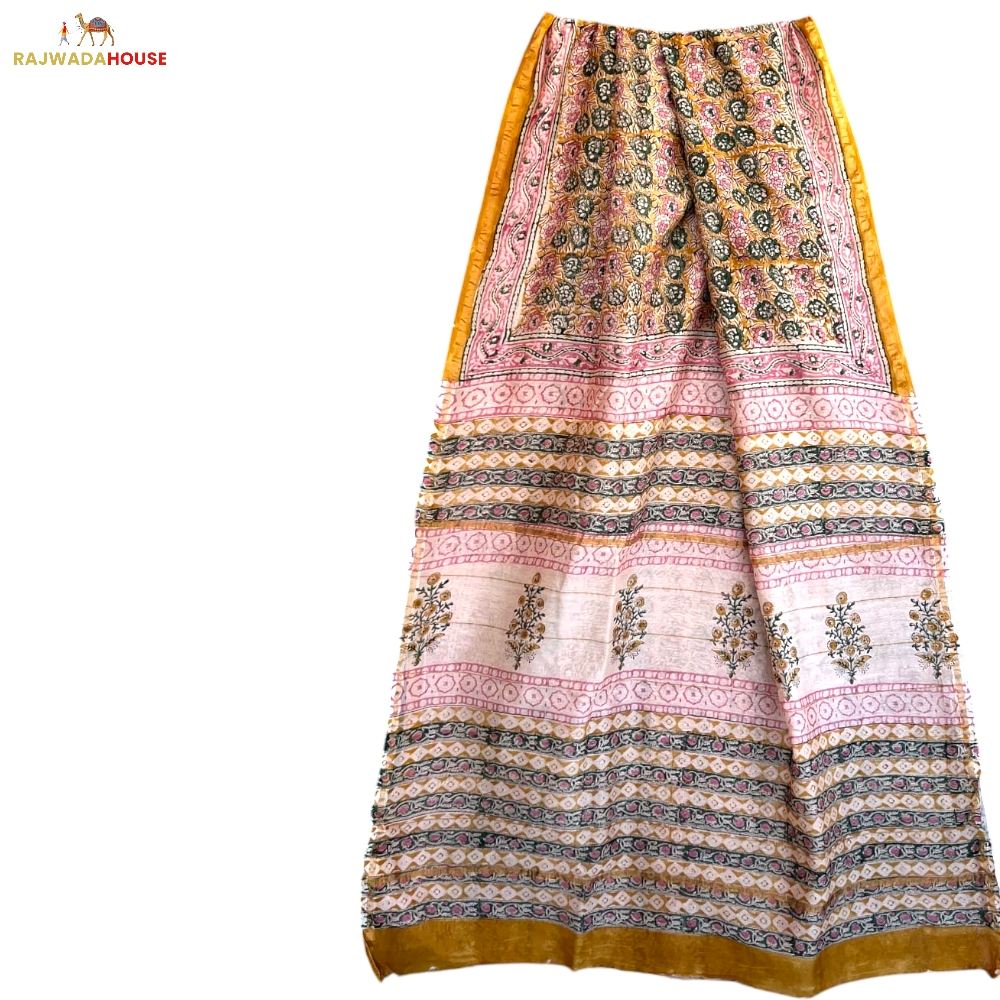 Handblock Printed Cream Colour Chanderi Silk Saree With Blouse