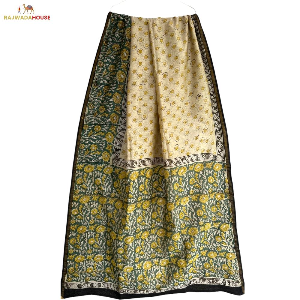 Handblock Printed Cream Light Yellow Colour Chanderi Silk Saree With Blouse