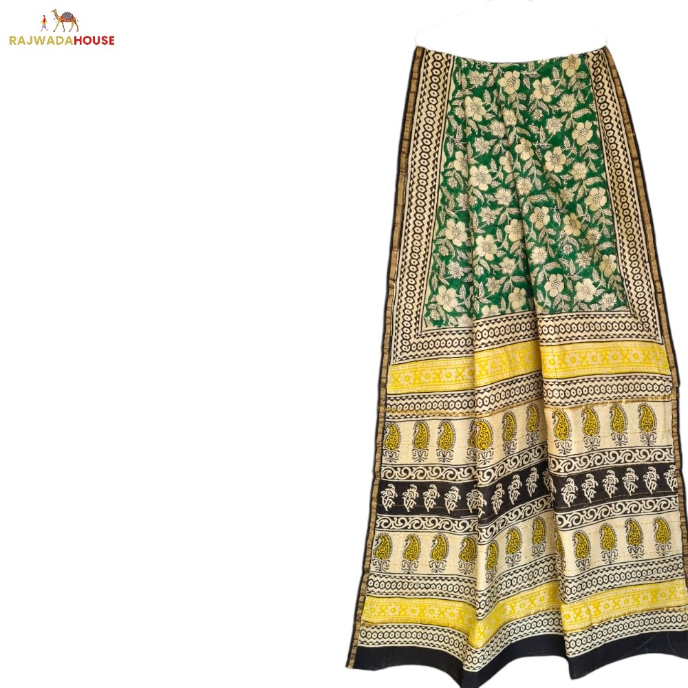 Handblock Printed Green Yellow Colour Chanderi Silk Saree With Blouse