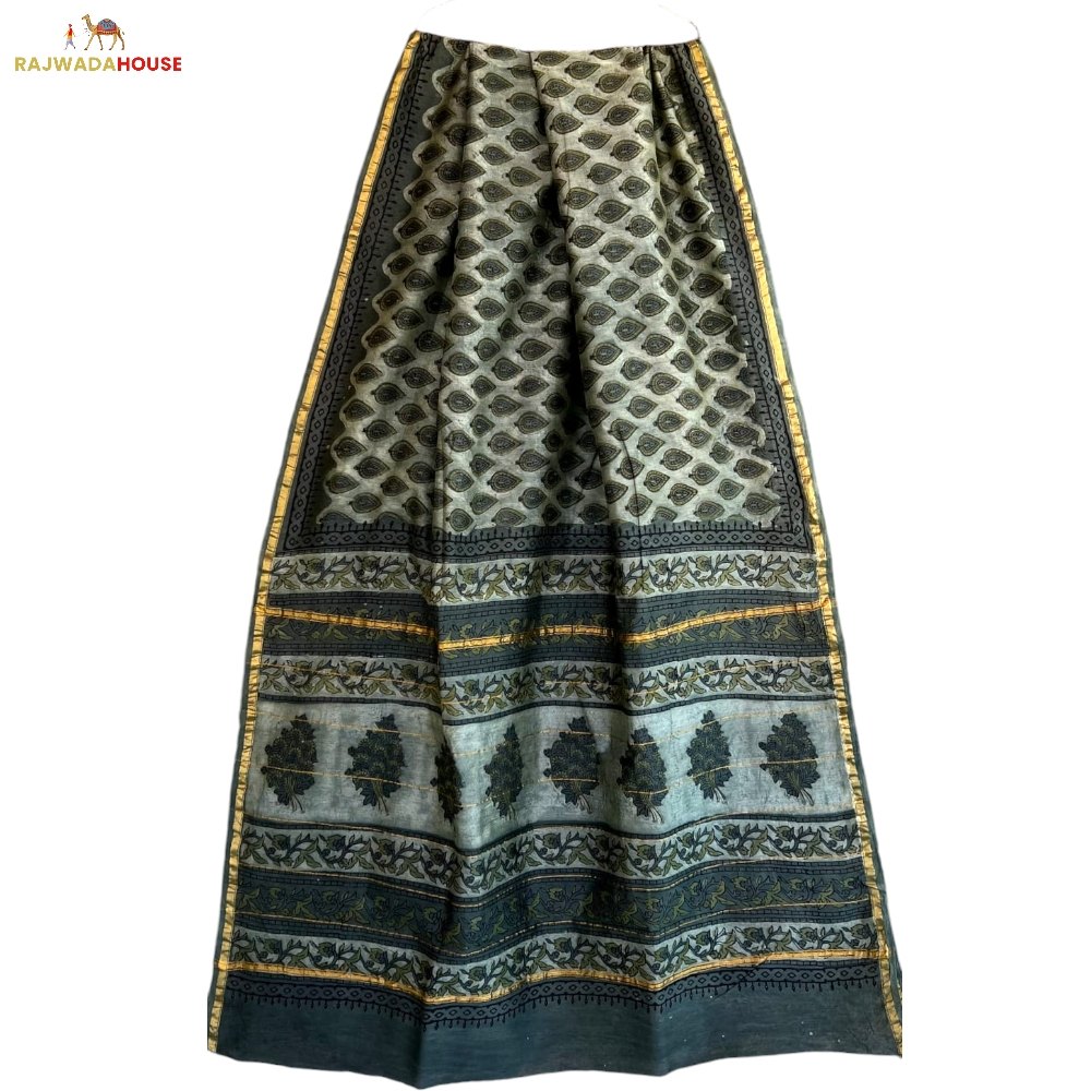 Handblock Printed Nude Green Colour Chanderi Silk Saree With Blouse